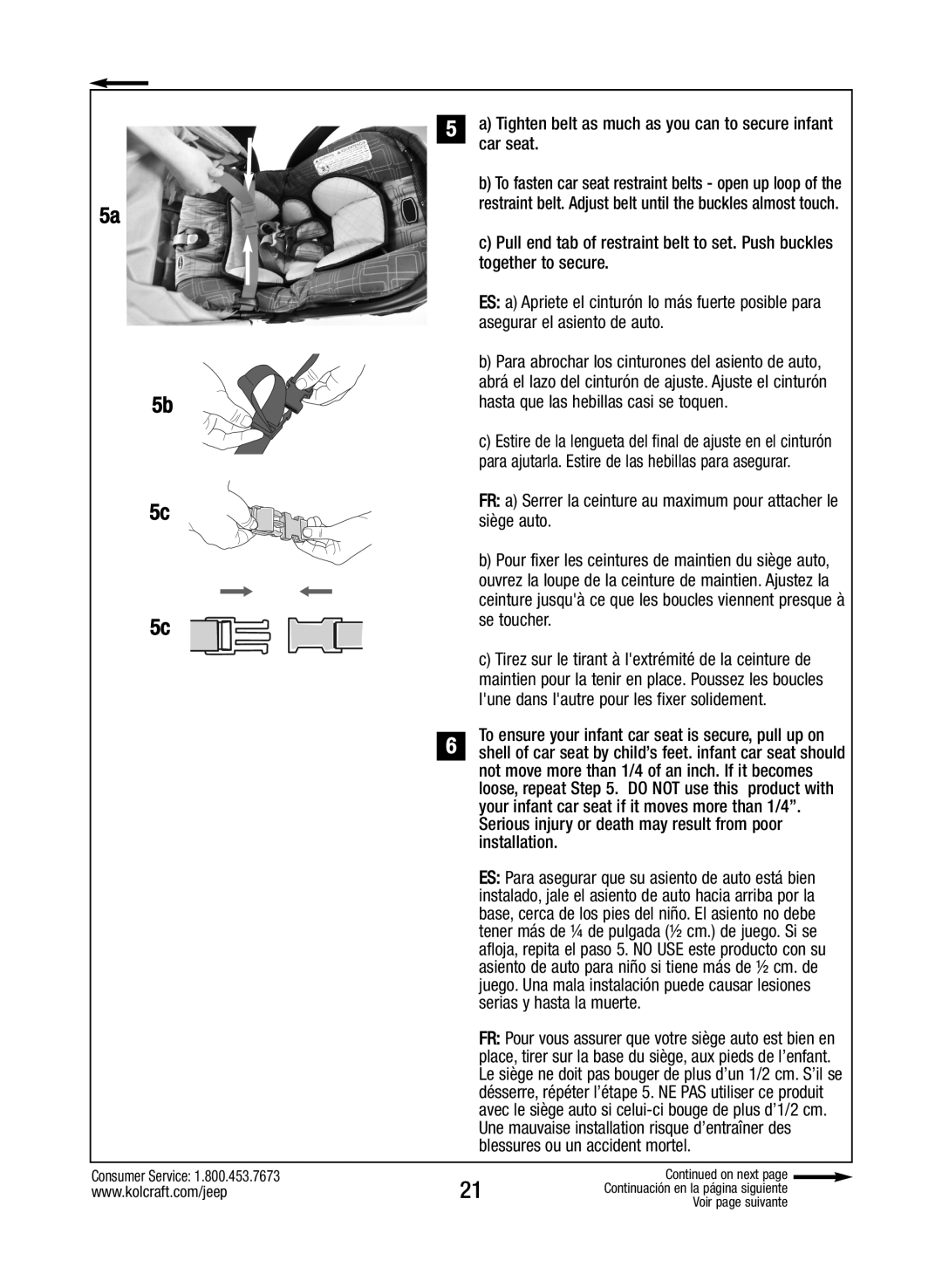 Kolcraft S088-R3 manual Tighten belt as much as you can to secure infant car seat 