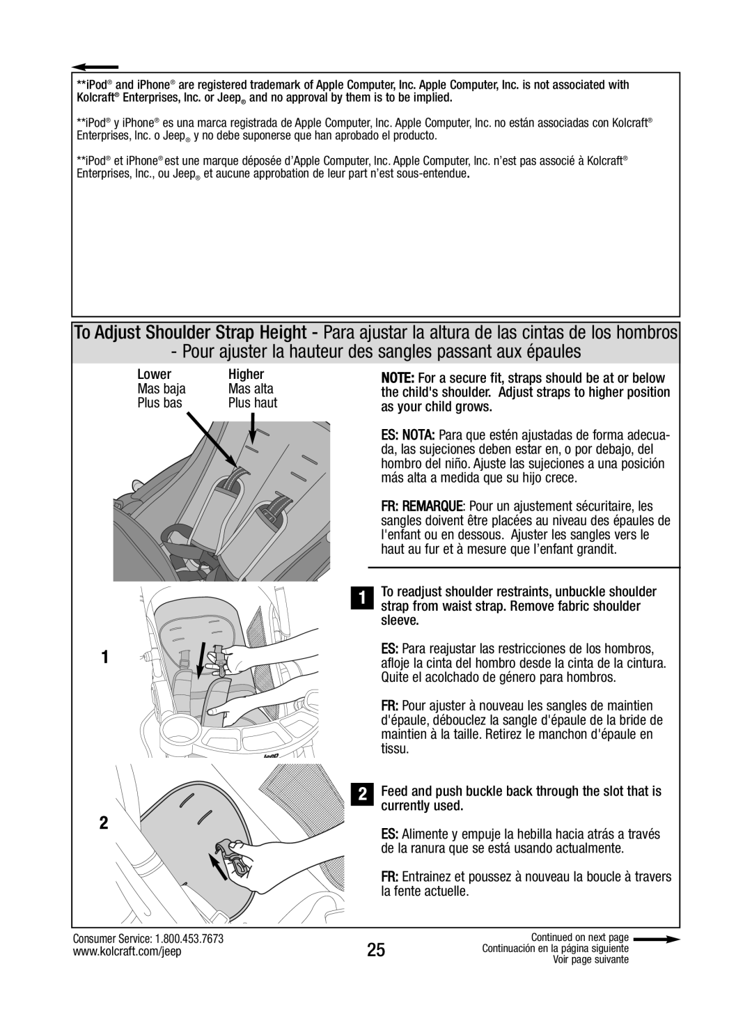 Kolcraft S088-R3 manual Pour ajuster la hauteur des sangles passant aux épaules, Lower Higher Mas baja, Plus bas, Mas alta 