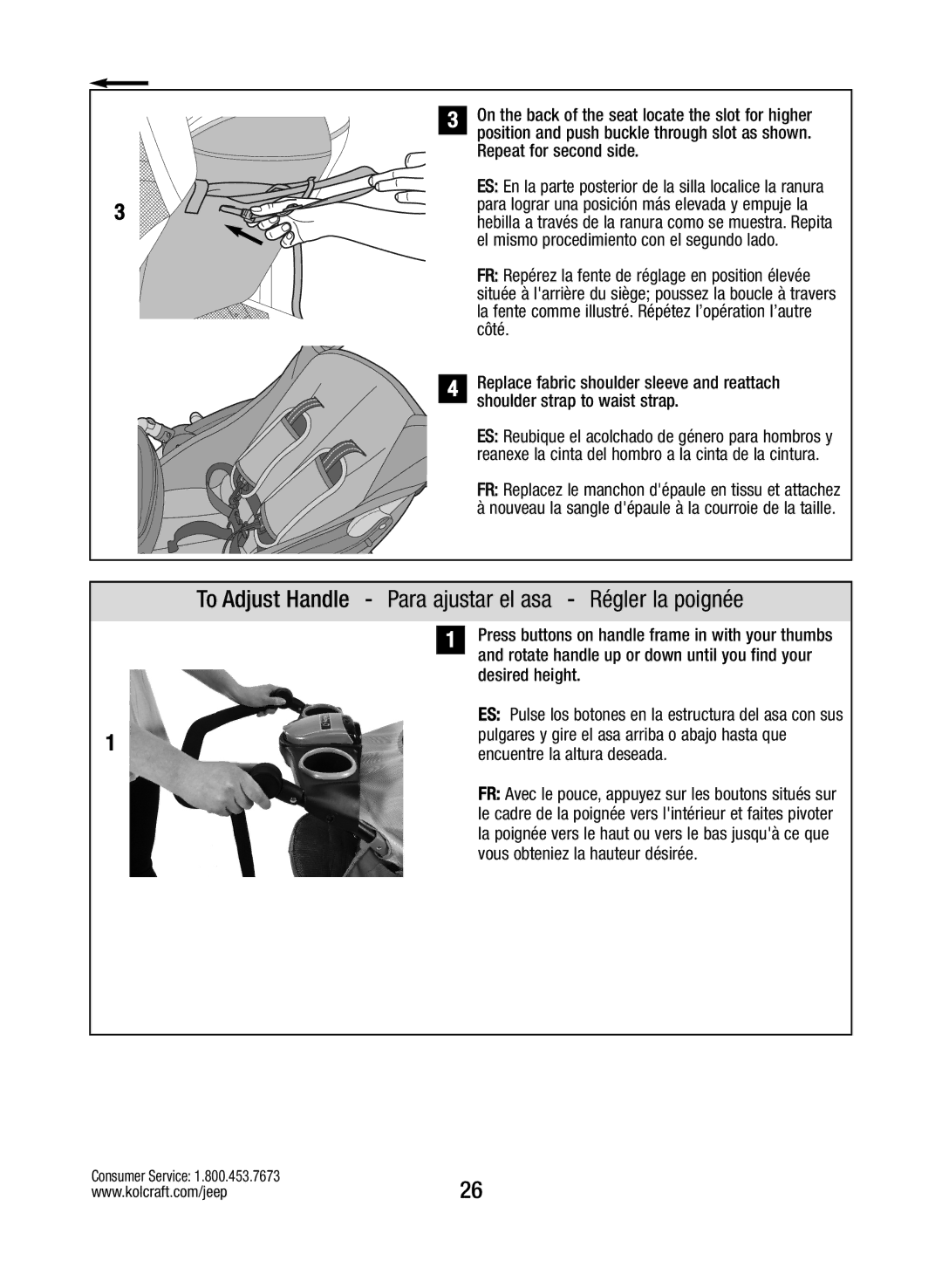 Kolcraft S088-R3 manual To Adjust Handle Para ajustar el asa Régler la poignée 