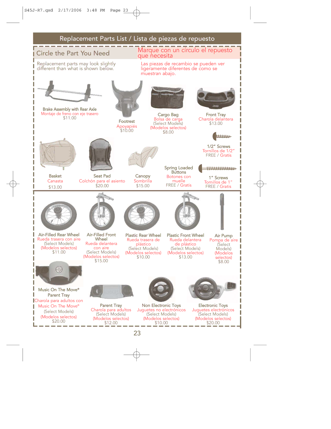 Kolcraft S45J-R7 Replacement Parts List / Lista de piezas de repuesto, Marque con un círculo el repuesto que necesita 