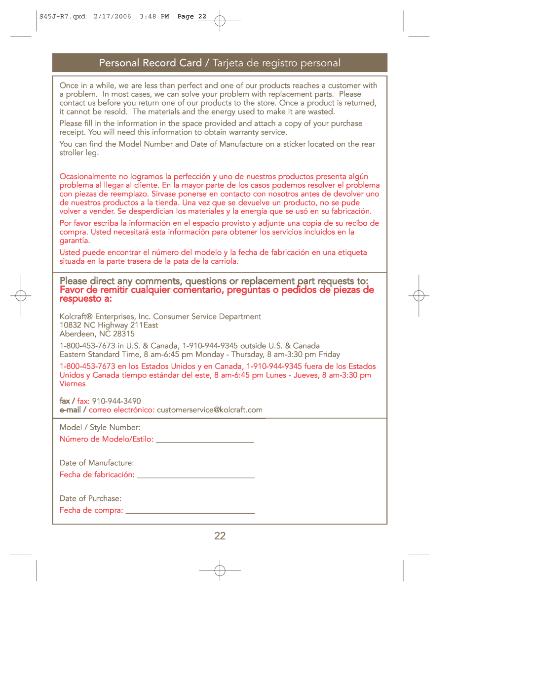 Kolcraft S45J-R7 manual Personal Record Card / Tarjeta de registro personal 