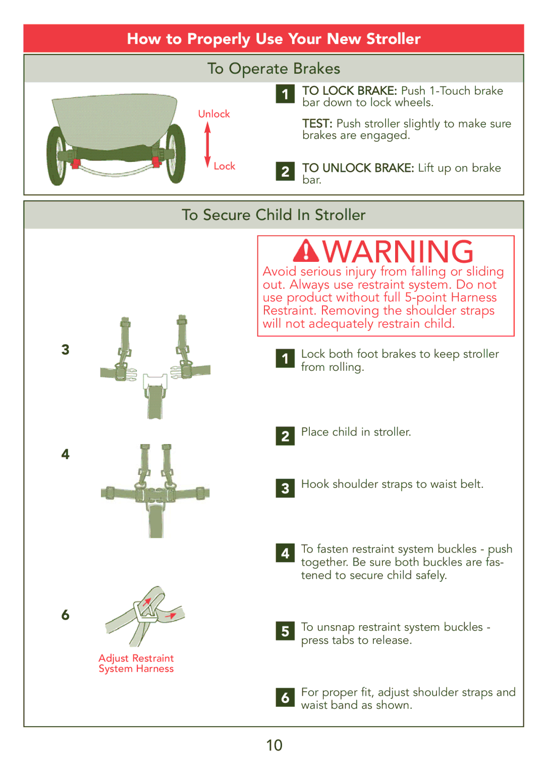 Kolcraft S45J-T instruction sheet How to Properly Use Your New Stroller, To Operate Brakes, To Secure Child In Stroller 