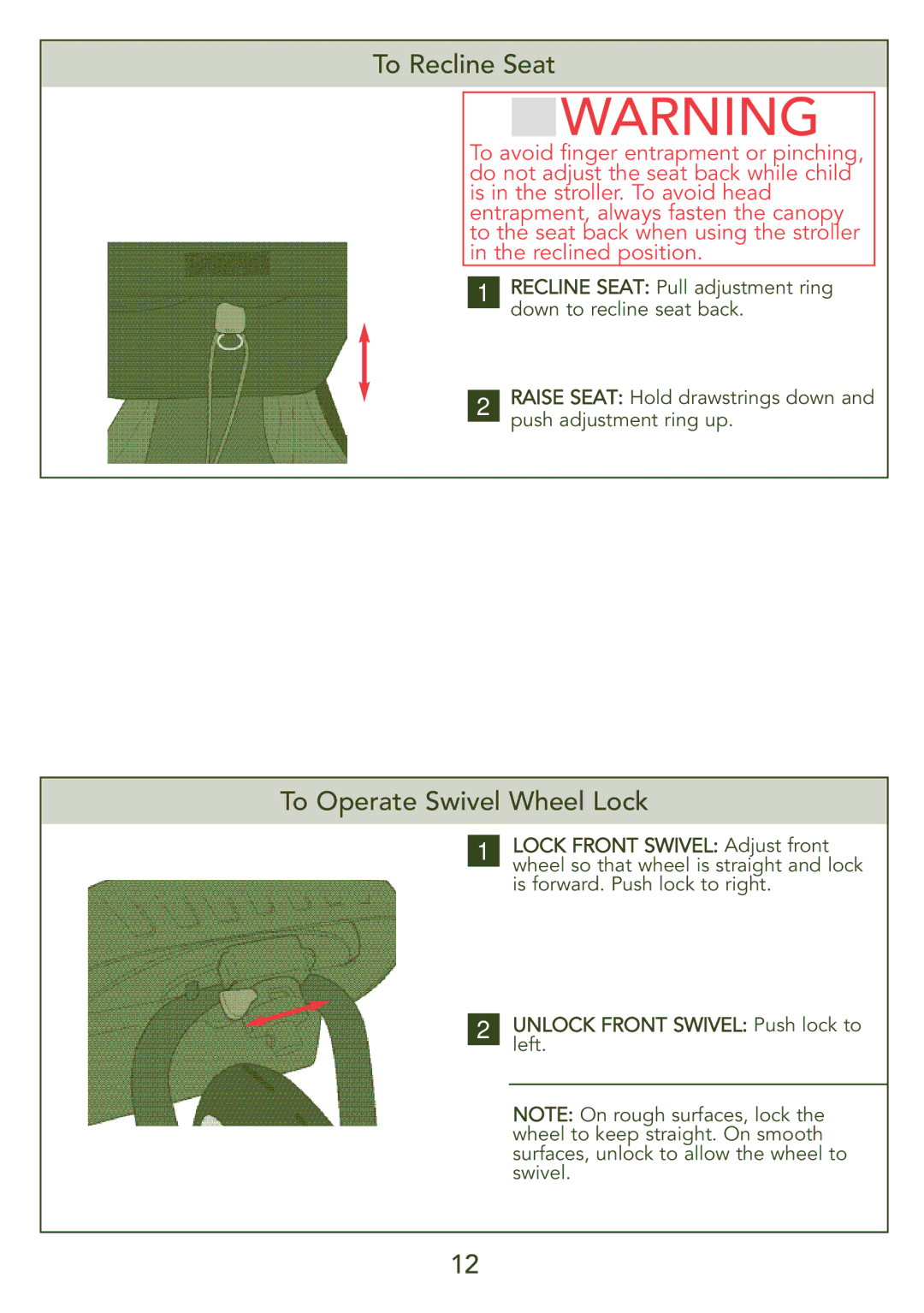 Kolcraft S45J-T instruction sheet To Recline Seat, To Operate Swivel Wheel Lock 