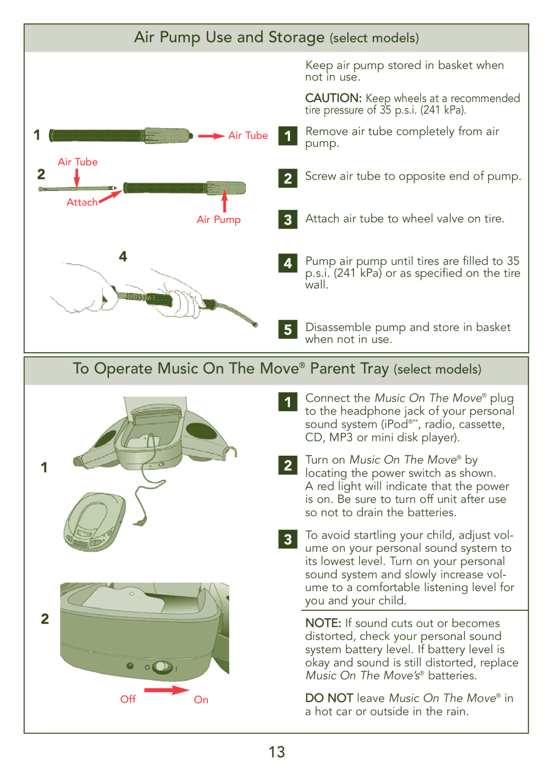 Kolcraft S45J-T Air Pump Use and Storage select models, To Operate Music On The Move Parent Tray select models 