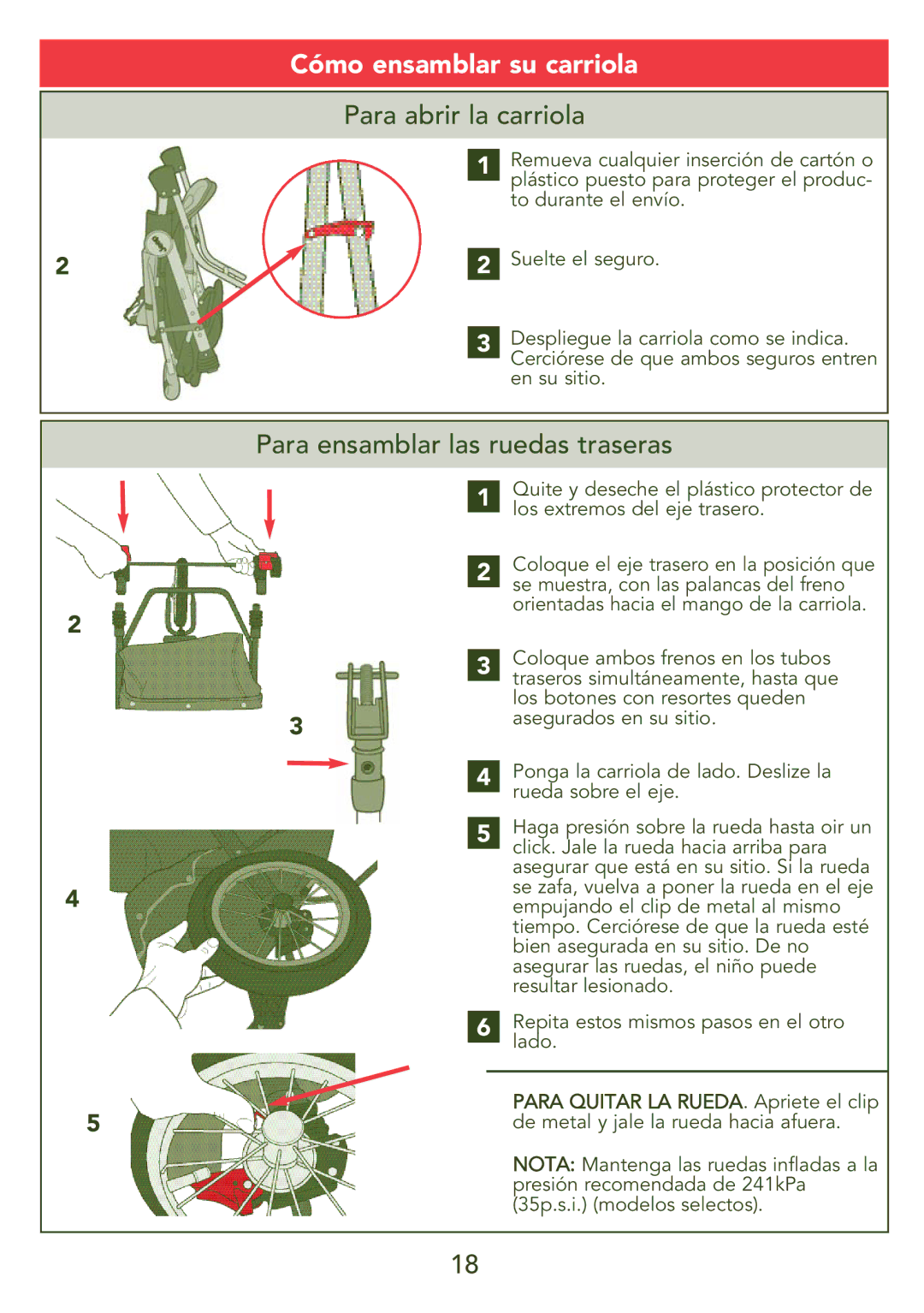 Kolcraft S45J-T instruction sheet Cómo ensamblar su carriola, Para abrir la carriola, Para ensamblar las ruedas traseras 