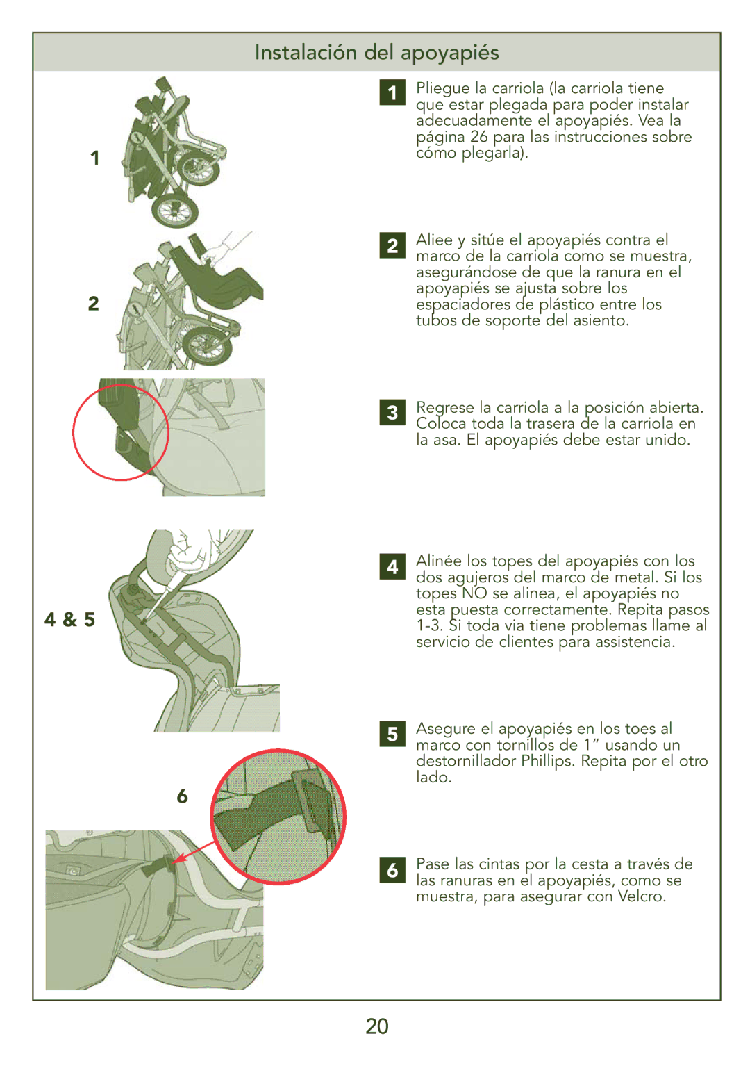 Kolcraft S45J-T instruction sheet Instalación del apoyapiés 