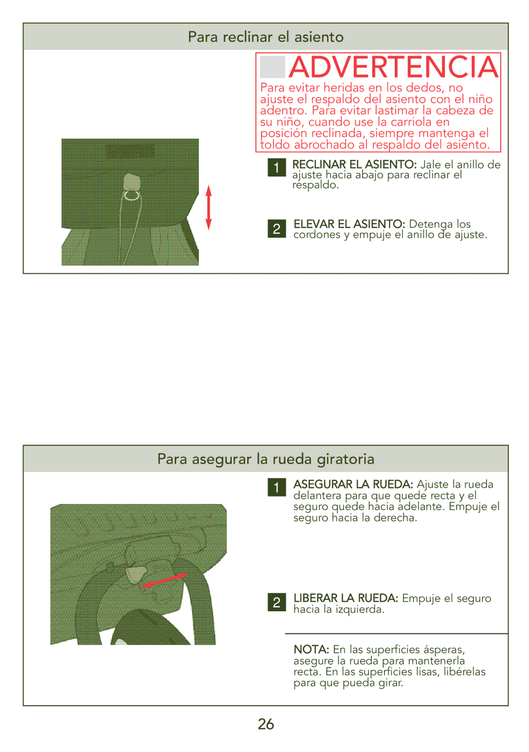 Kolcraft S45J-T instruction sheet Para reclinar el asiento, Para asegurar la rueda giratoria 