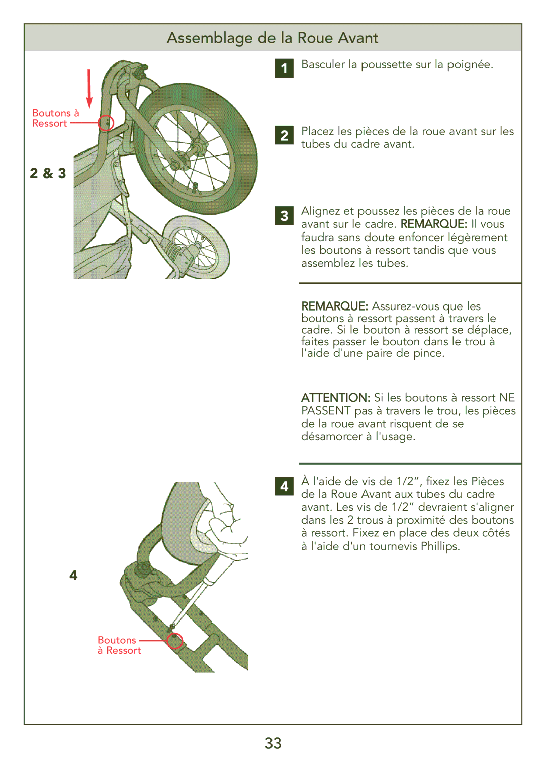 Kolcraft S45J-T instruction sheet Assemblage de la Roue Avant 