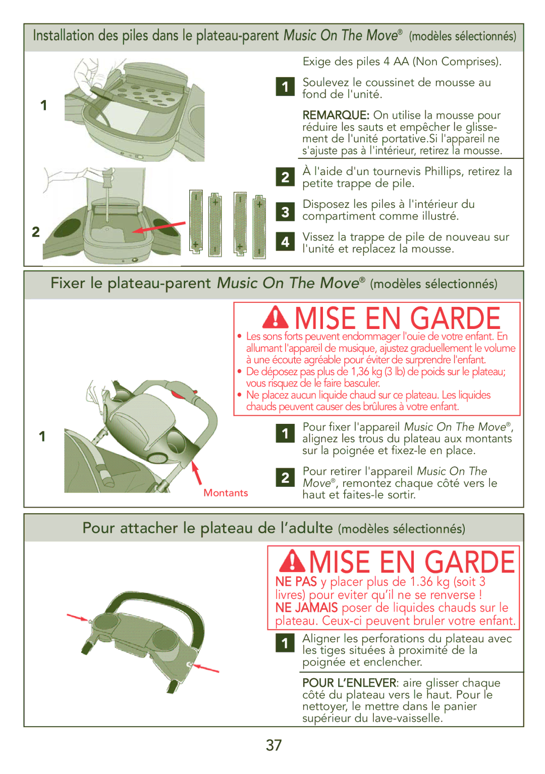 Kolcraft S45J-T instruction sheet Mise EN Garde, Pour attacher le plateau de l’adulte modèles sélectionnés 