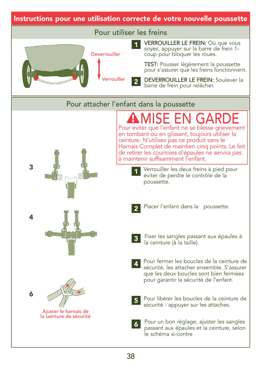 Kolcraft S45J-T instruction sheet Pour utiliser les freins, Pour attacher l’enfant dans la poussette 