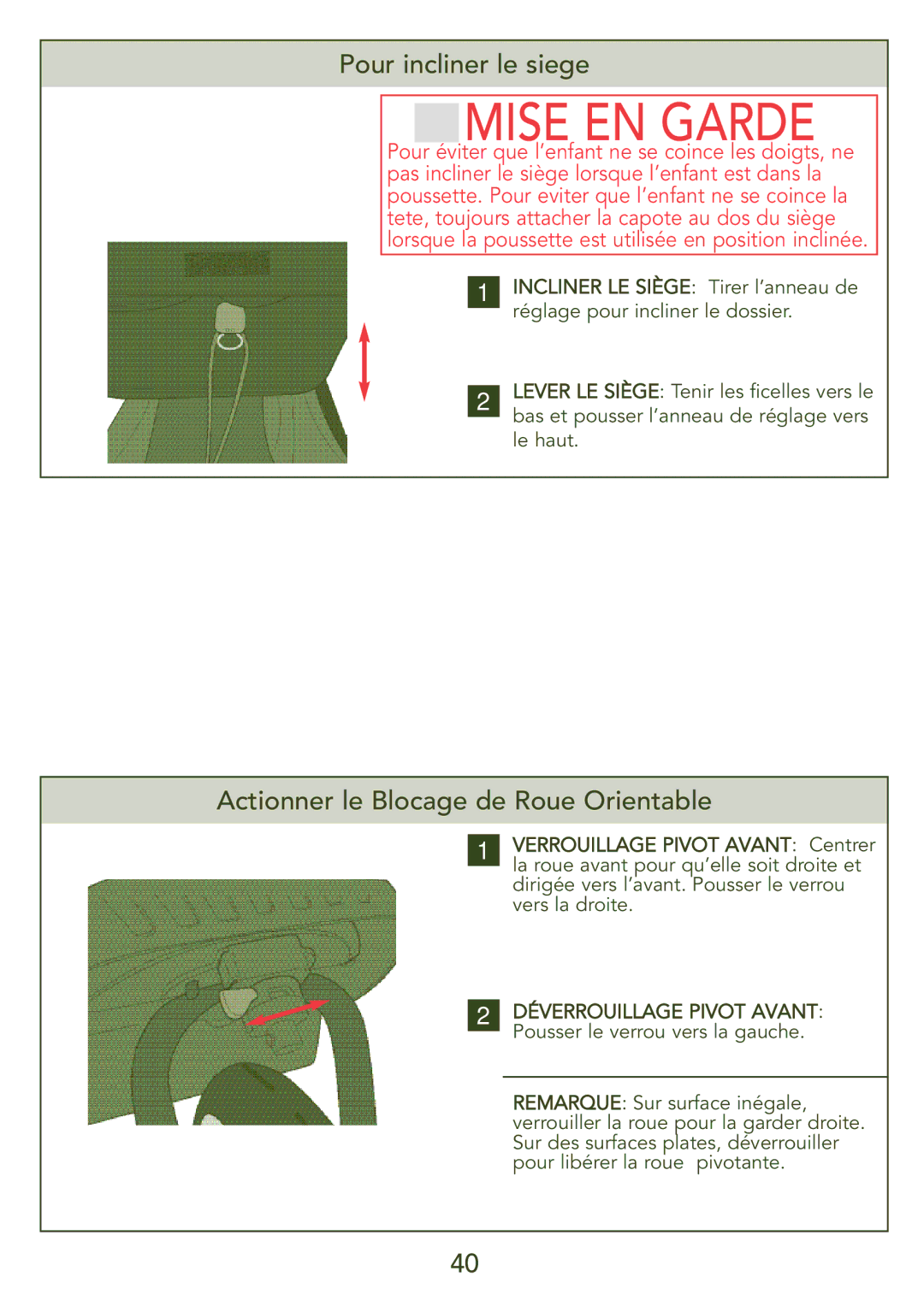 Kolcraft S45J-T instruction sheet Pour incliner le siege, Actionner le Blocage de Roue Orientable 