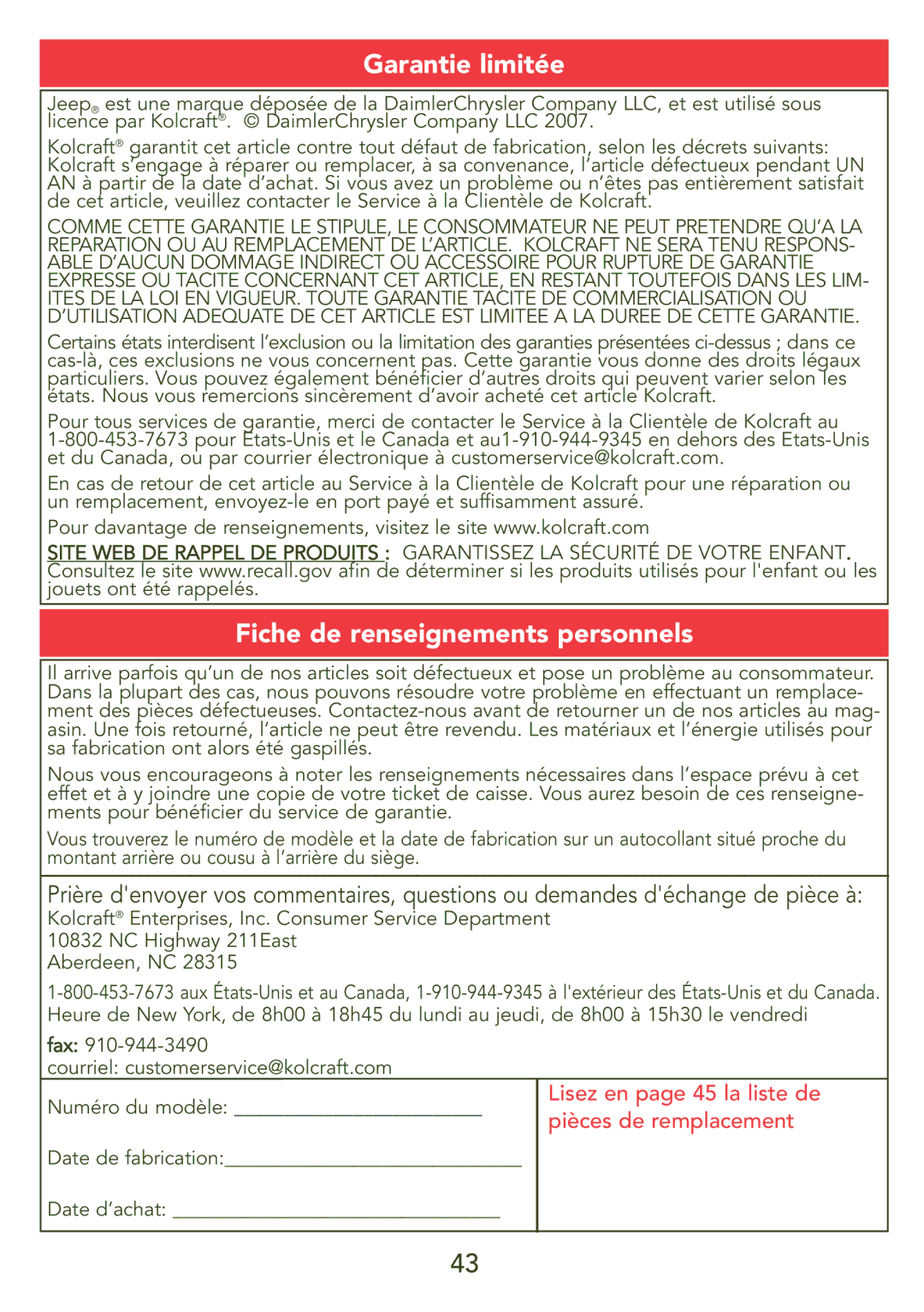 Kolcraft S45J-T instruction sheet Garantie limitée, Fiche de renseignements personnels 