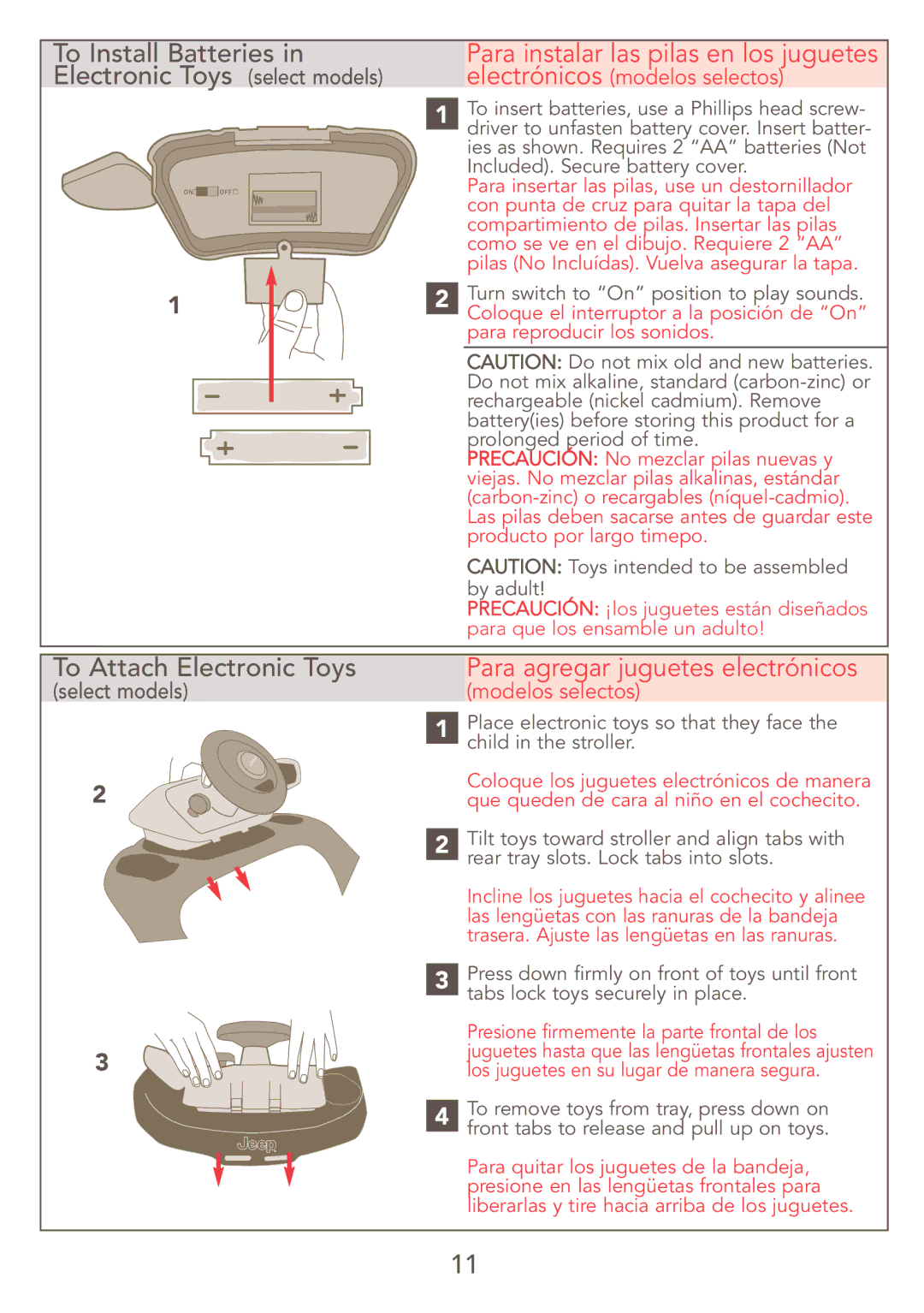 Kolcraft S47J-R7 9/06 manual To Install Batteries in Electronic Toys select models, Para agregar juguetes electrónicos 