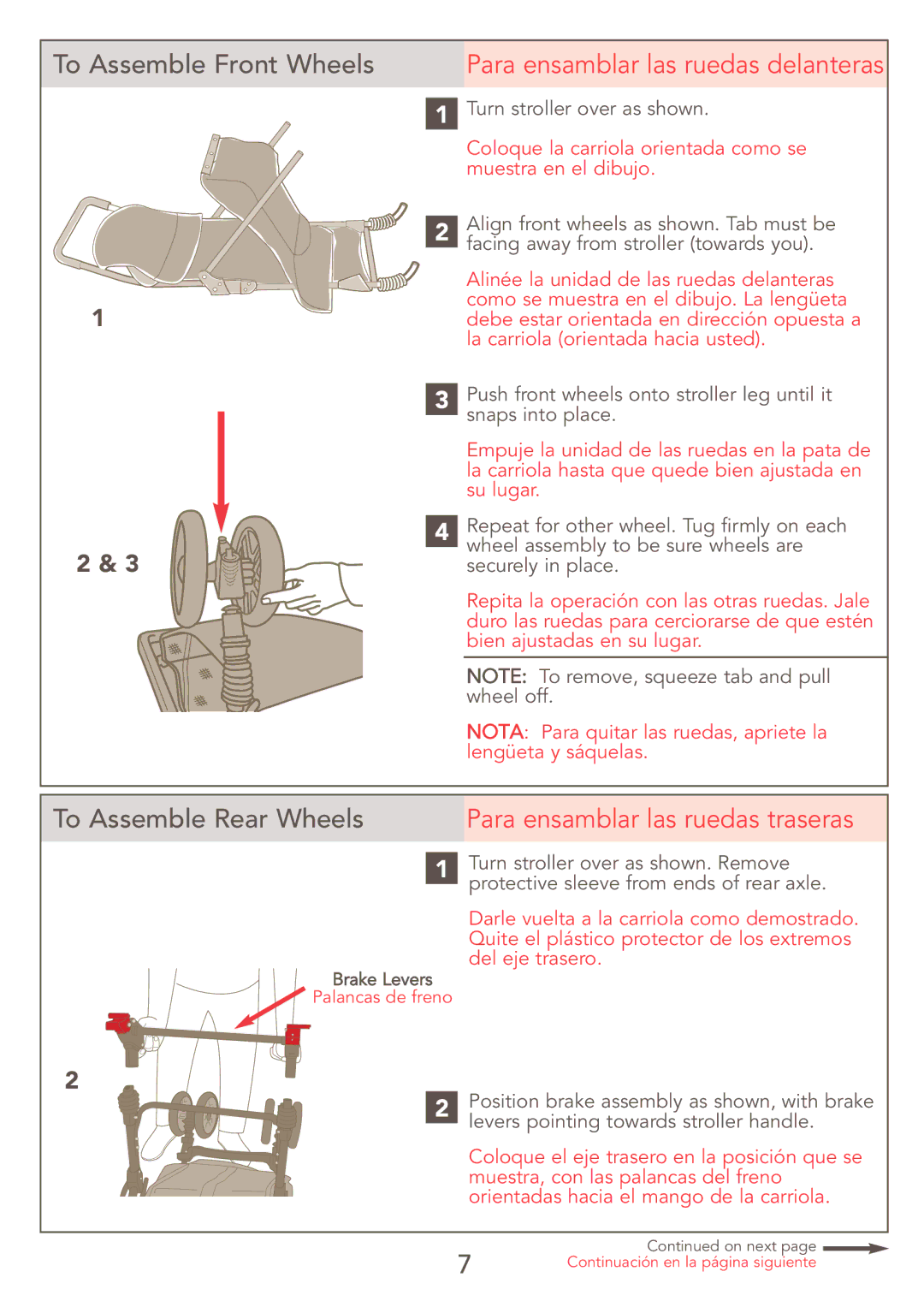 Kolcraft S47J-R7 9/06 manual Para ensamblar las ruedas traseras, Levers pointing towards stroller handle 