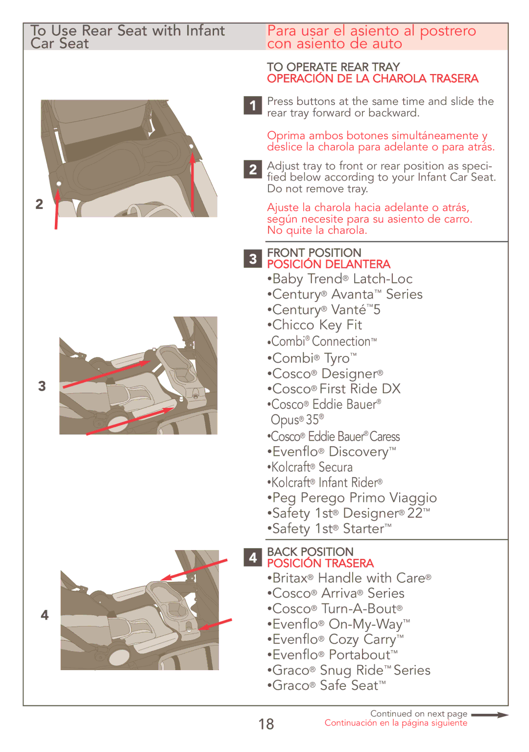 Kolcraft S47J-R7 manual Para usar el asiento al postrero con asiento de auto, Operación DE LA Charola Trasera 