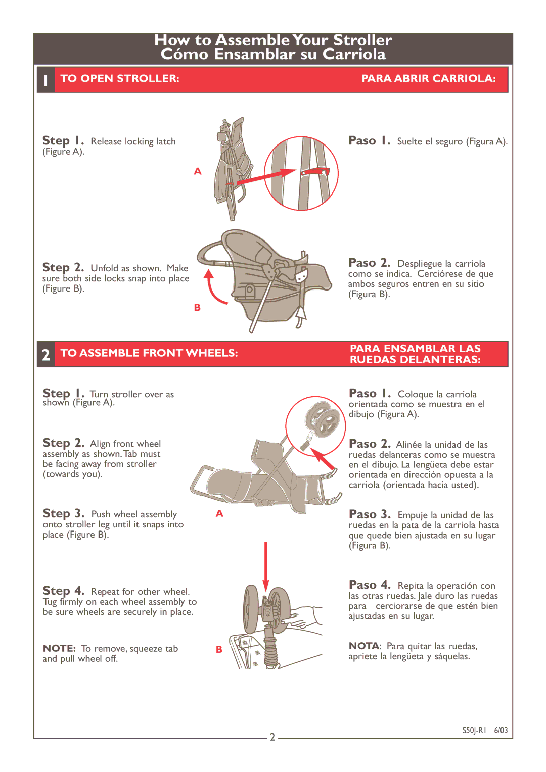 Kolcraft S50J-R1 How to Assemble Your Stroller Cómo Ensamblar su Carriola, To Open Stroller Para Abrir Carriola 