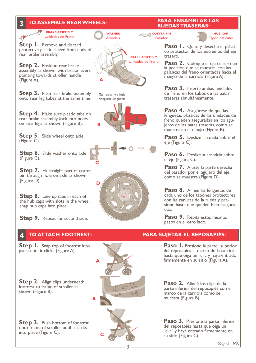 Kolcraft S50J-R1 To Assemble Rear Wheels Para Ensamblar LAS Ruedas Traseras, To Attach Footrest Para Sujetar EL Reposapiés 