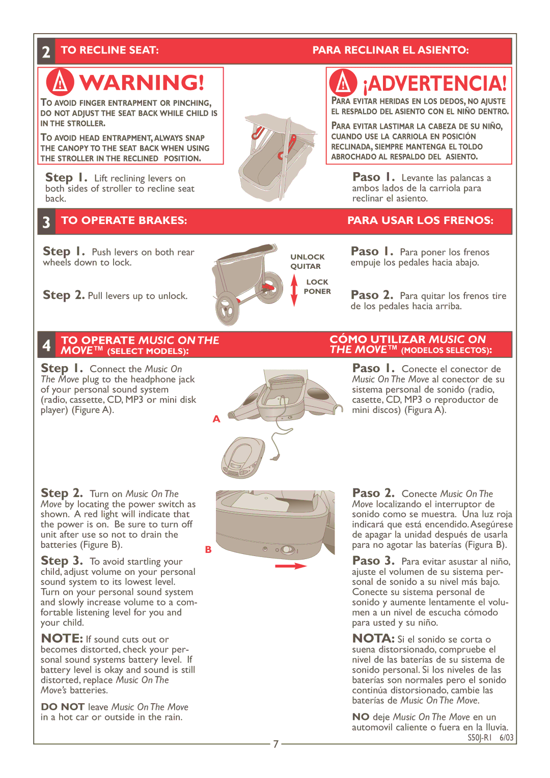 Kolcraft S50J-R1 instruction sheet To Operate Brakes Para Usar LOS Frenos, Cómo Utilizar Music on 