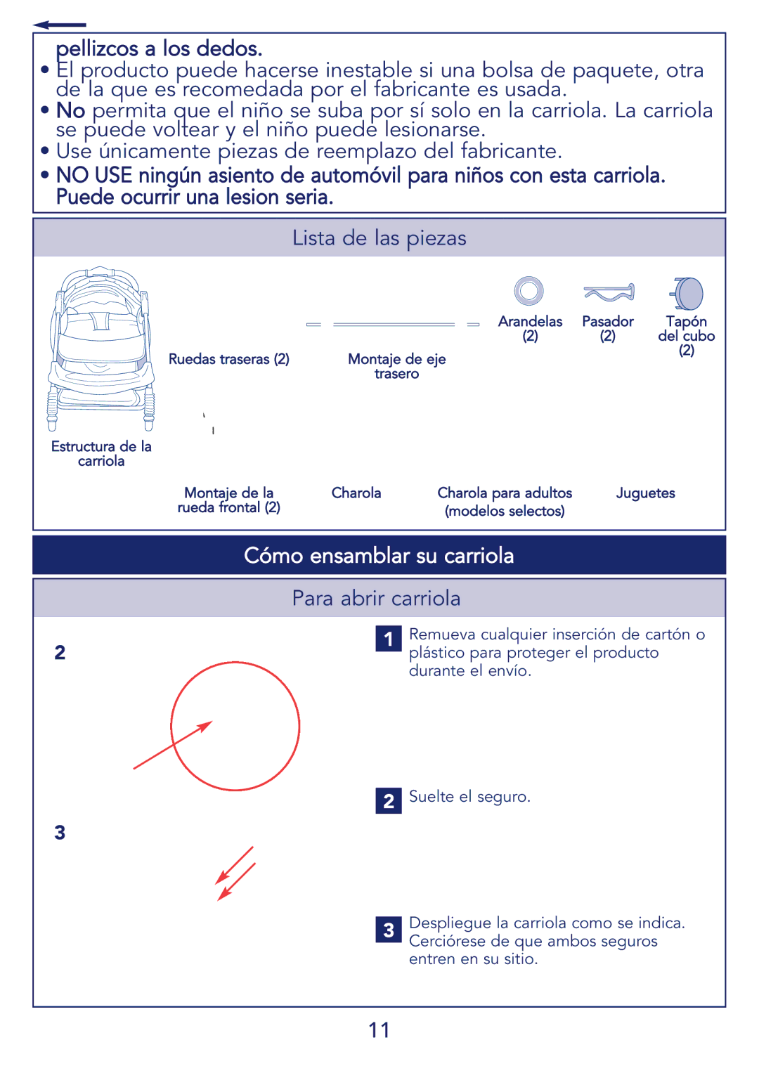 Kolcraft S51-T 11/08 manual Pellizcos a los dedos, Lista de las piezas, Cómo ensamblar su carriola, Para abrir carriola 