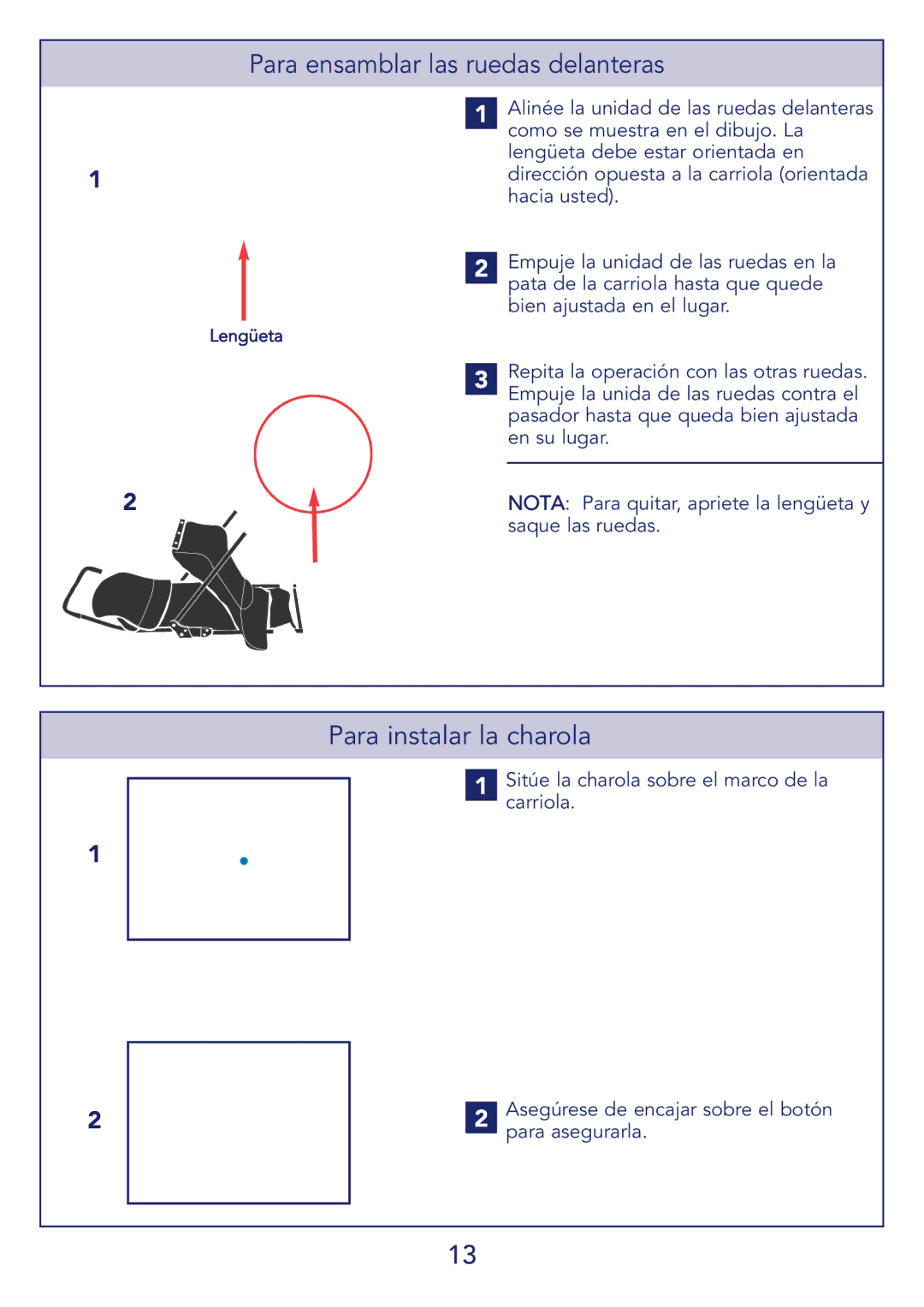 Kolcraft S51-T 11/08 manual Para ensamblar las ruedas delanteras, Para instalar la charola 