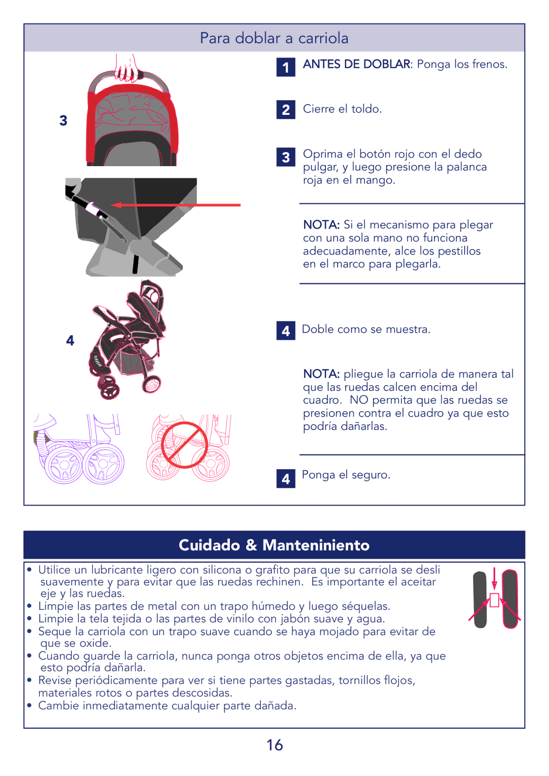 Kolcraft S51-T 11/08 manual Para doblar a carriola, Cuidado & Manteniniento 