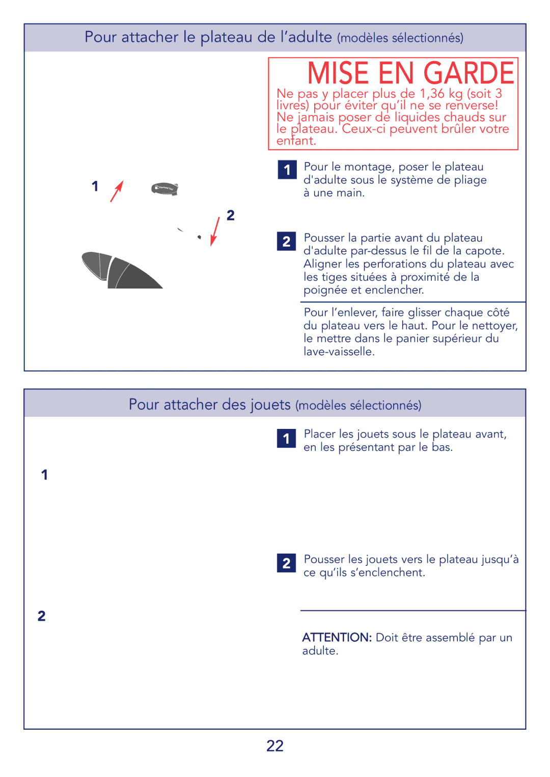 Kolcraft S51-T 11/08 manual Pour attacher le plateau de l’adulte modèles sélectionnés 