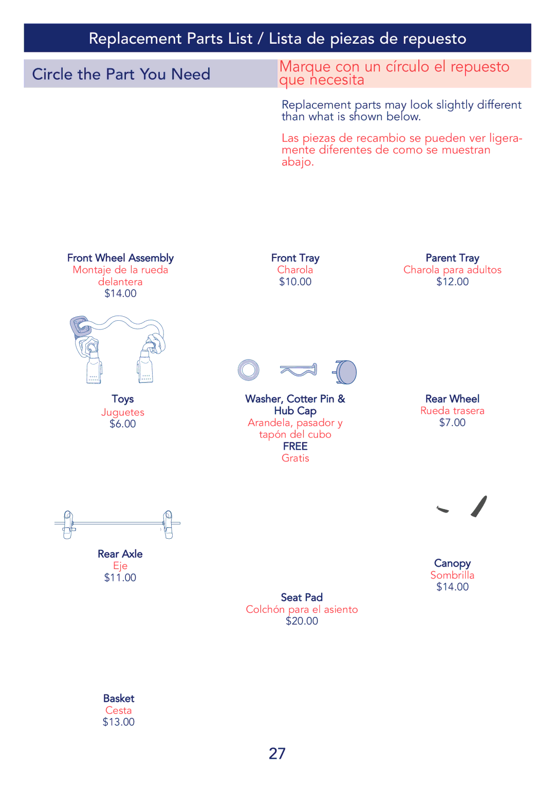 Kolcraft S51-T 11/08 manual Replacement Parts List / Lista de piezas de repuesto, Circle the Part You Need 