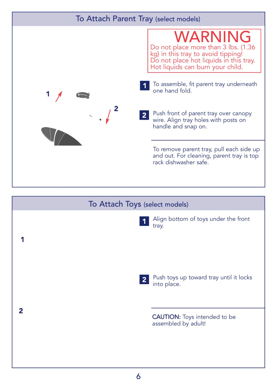 Kolcraft S51-T 11/08 manual To Attach Parent Tray select models, To Attach Toys select models 