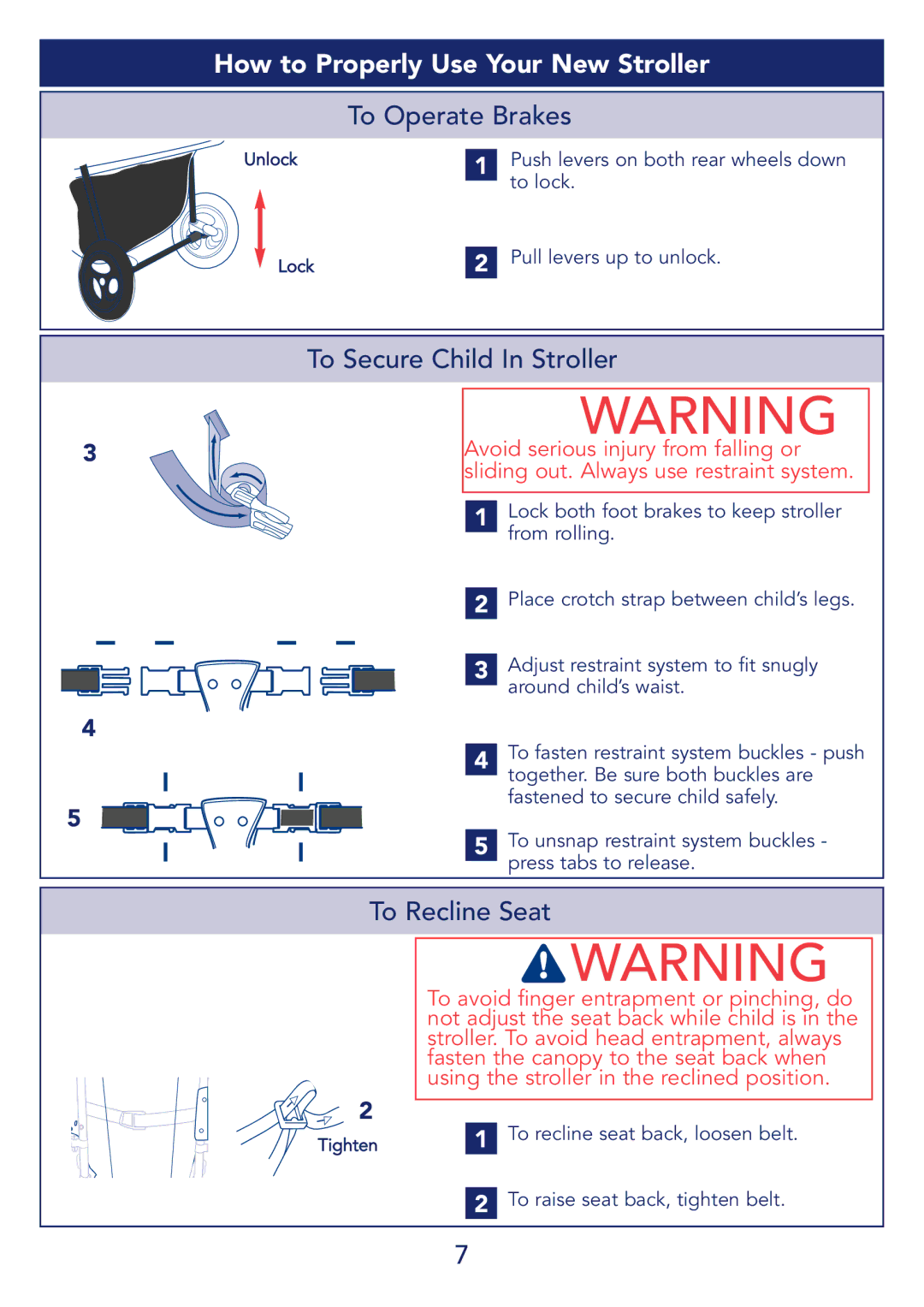 Kolcraft S51-T 11/08 manual How to Properly Use Your New Stroller, To Operate Brakes, To Secure Child In Stroller 