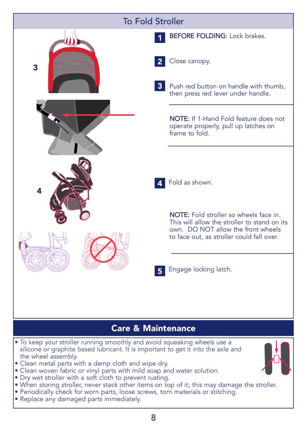 Kolcraft S51-T 11/08 manual To Fold Stroller, Care & Maintenance 