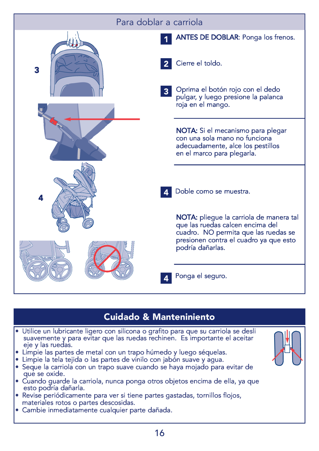 Kolcraft S51-T 11/08 manual Cuidado & Manteniniento, Para doblar a carriola 
