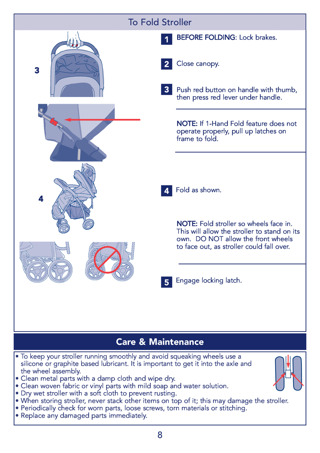 Kolcraft S51-T 11/08 manual Care & Maintenance, To Fold Stroller, BEFORE FOLDING Lock brakes 