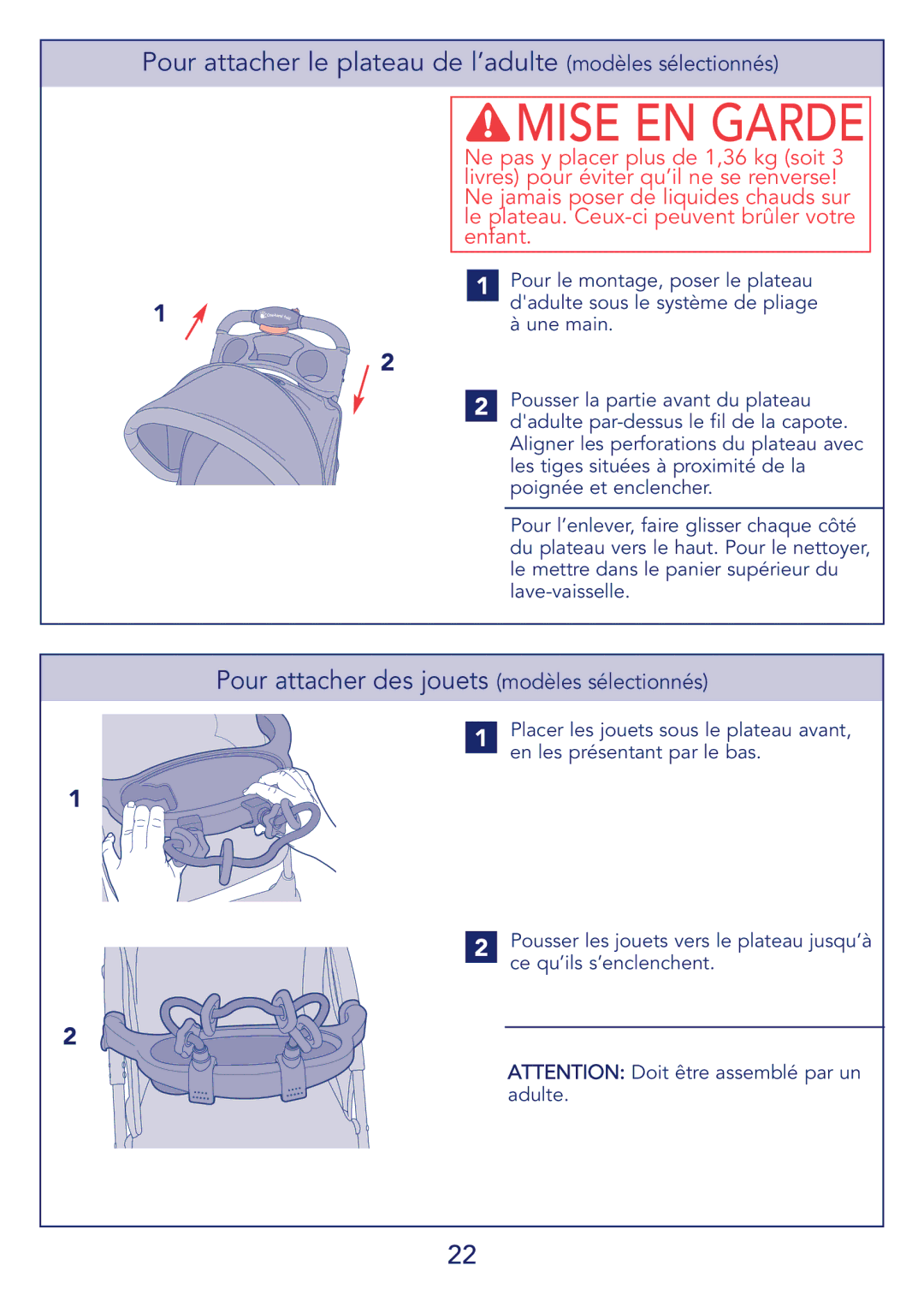 Kolcraft S51-T Pour attacher le plateau de l’adulte modèles sélectionnés, Pour attacher des jouets modèles sélectionnés 