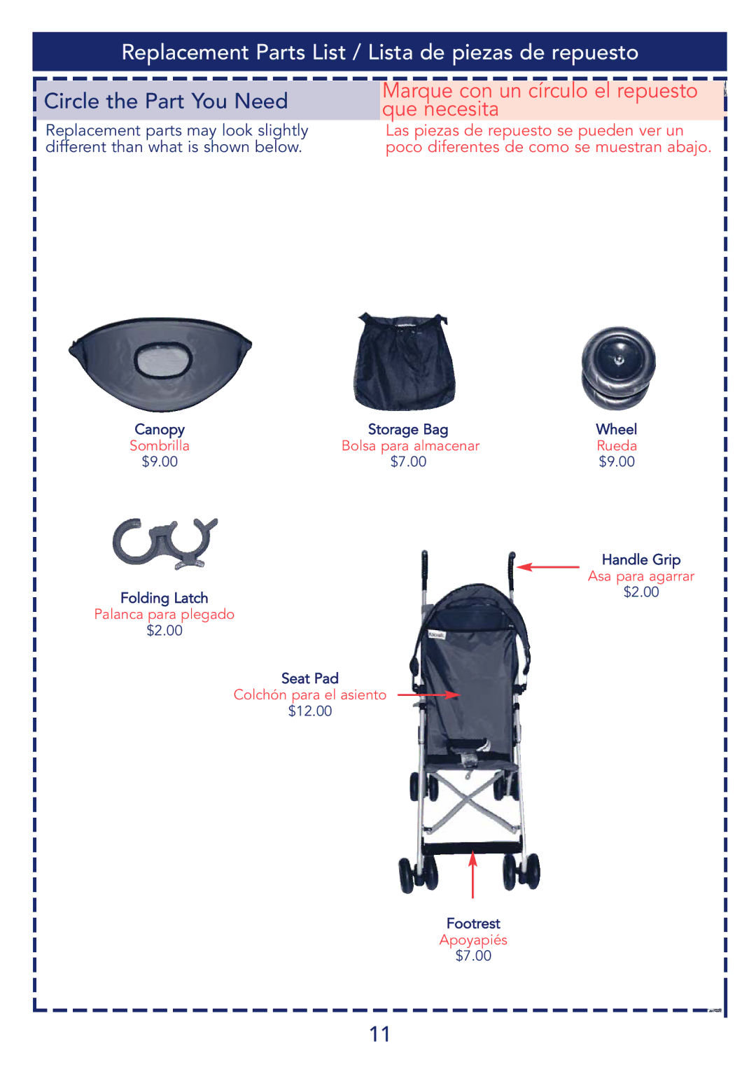 Kolcraft S53-R1 Replacement Parts List / Lista de piezas de repuesto, Marque con un círculo el repuesto que necesita 