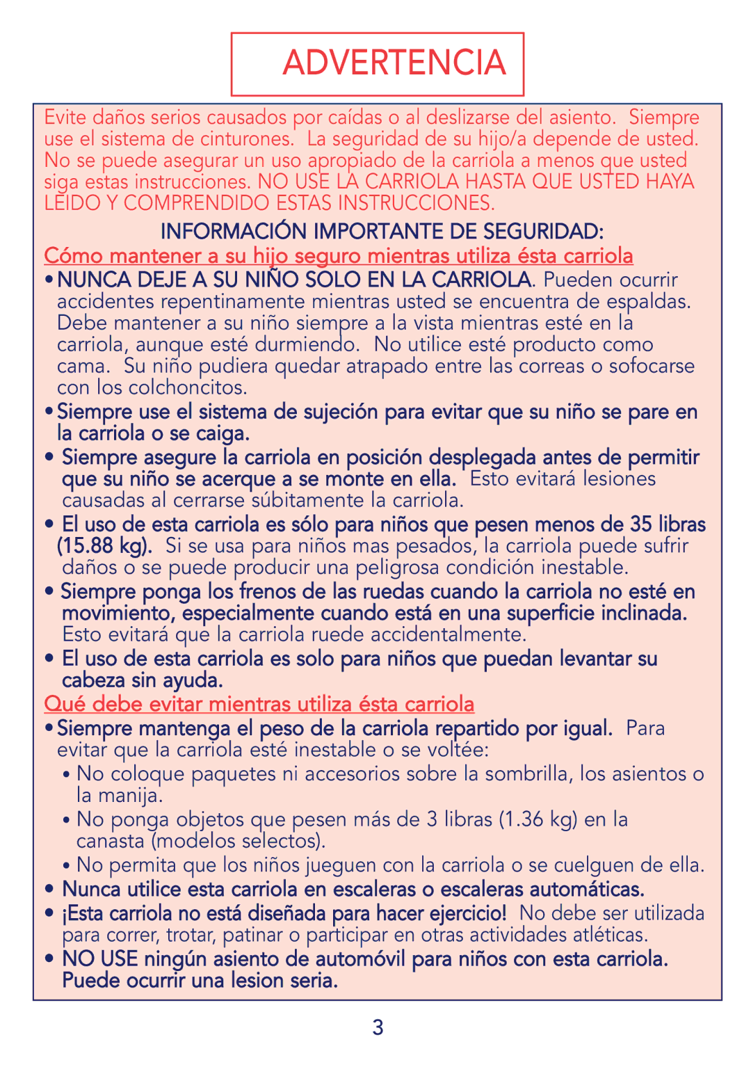 Kolcraft S53-R1 instruction sheet Advertencia 