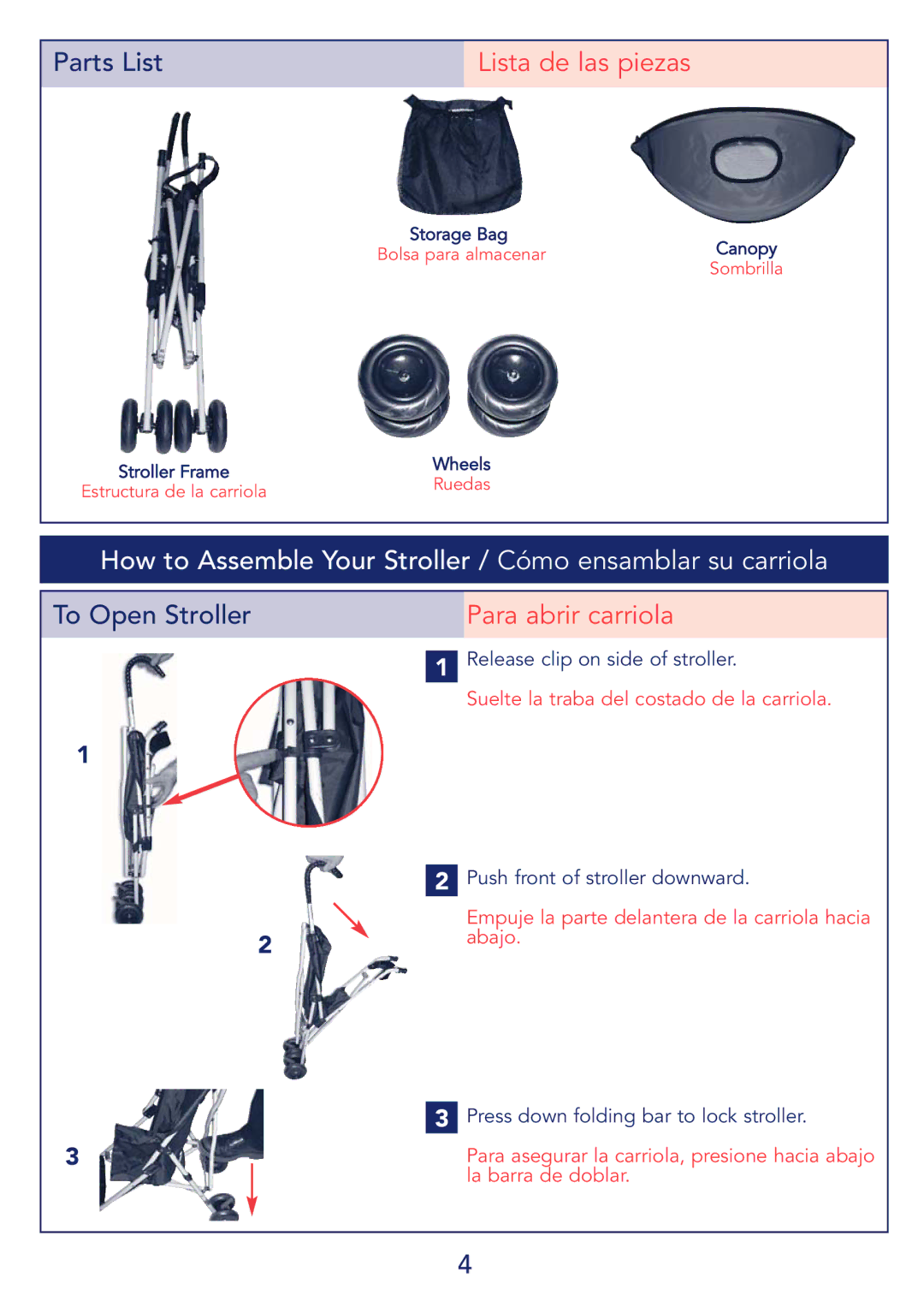 Kolcraft S53-R1 instruction sheet How to Assemble Your Stroller / Cómo ensamblar su carriola 