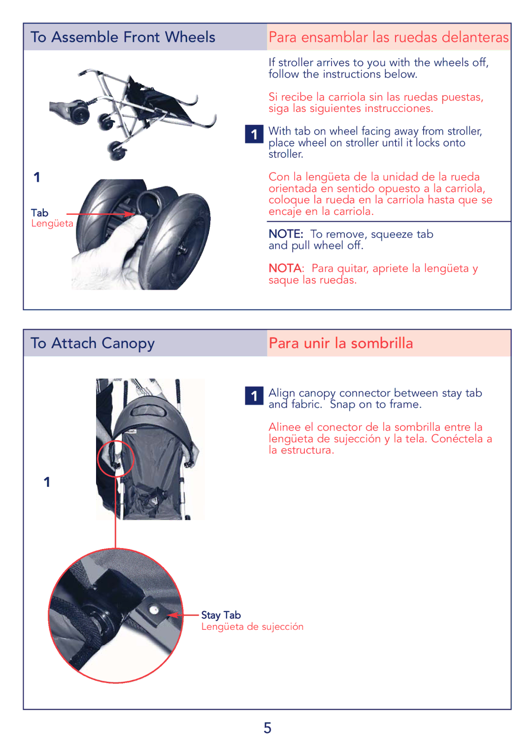 Kolcraft S53-R1 instruction sheet Para ensamblar las ruedas delanteras, Para unir la sombrilla 