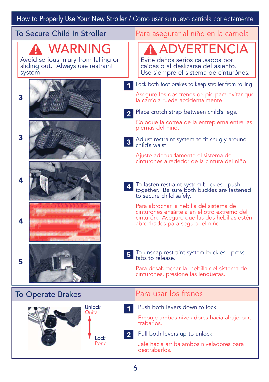 Kolcraft S53-R1 instruction sheet Para asegurar al niño en la carriola, Para usar los frenos 