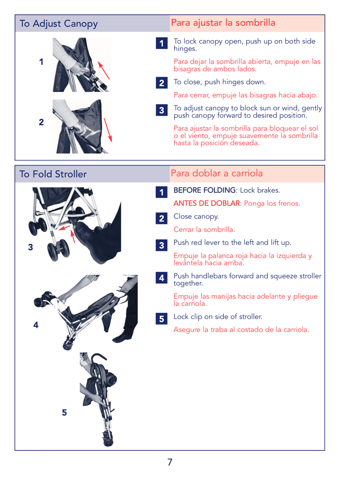 Kolcraft S53-R1 instruction sheet Para ajustar la sombrilla, Para doblar a carriola 