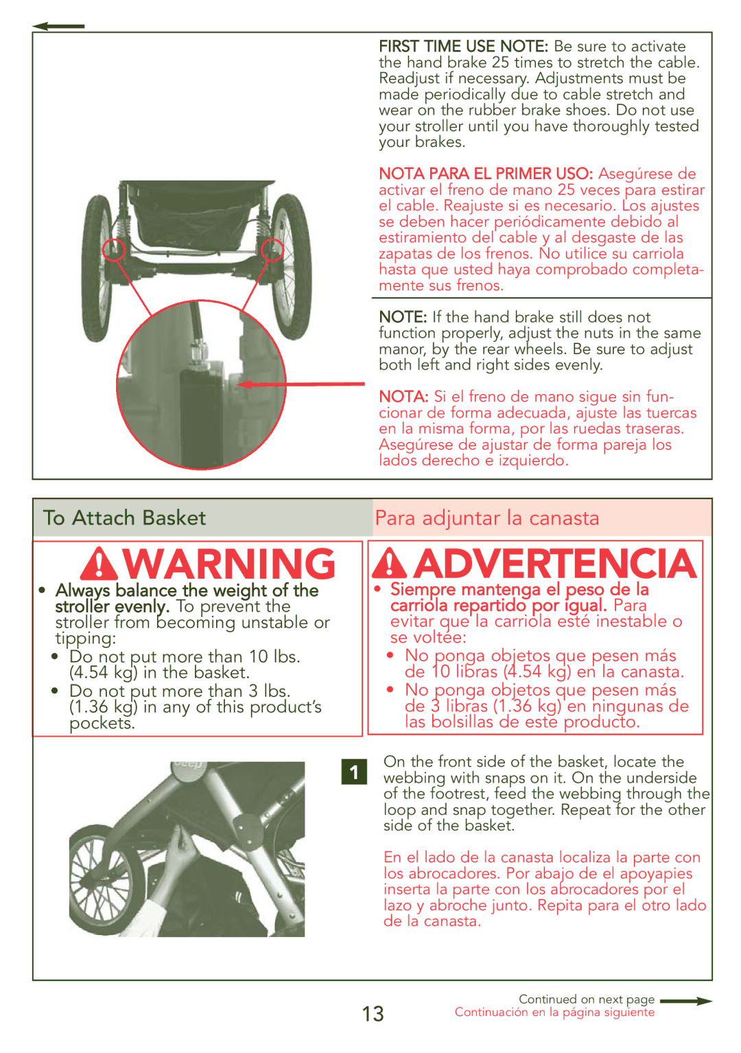 Kolcraft S56J-R3 manual Advertencia, Para adjuntar la canasta 