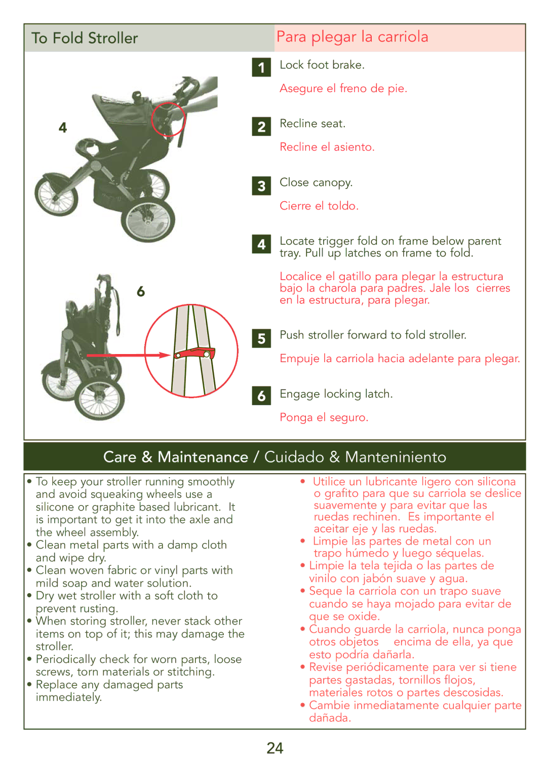 Kolcraft S56J-R3 manual Para plegar la carriola, Care & Maintenance / Cuidado & Manteniniento 