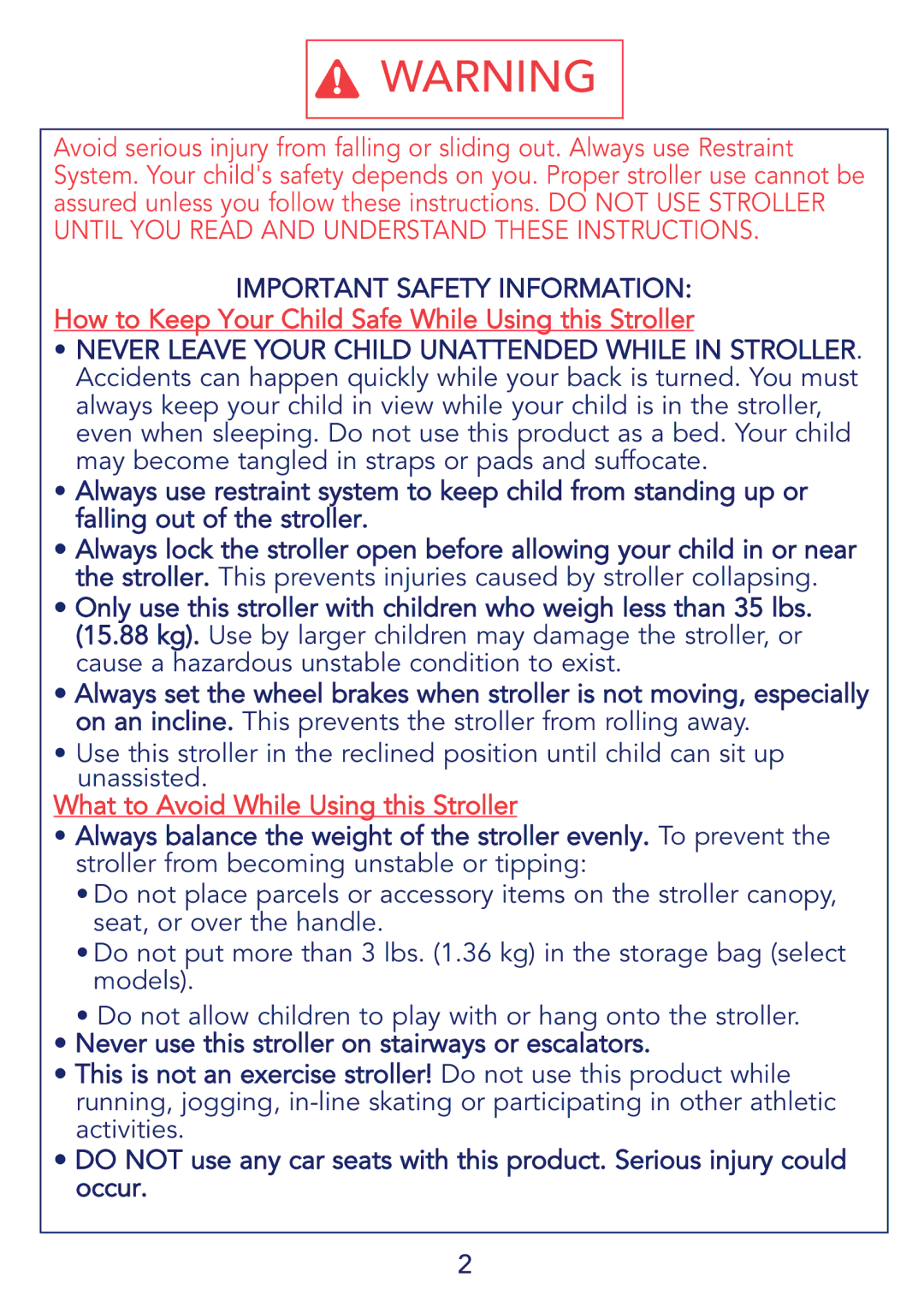 Kolcraft S59-R1 instruction sheet What to Avoid While Using this Stroller 