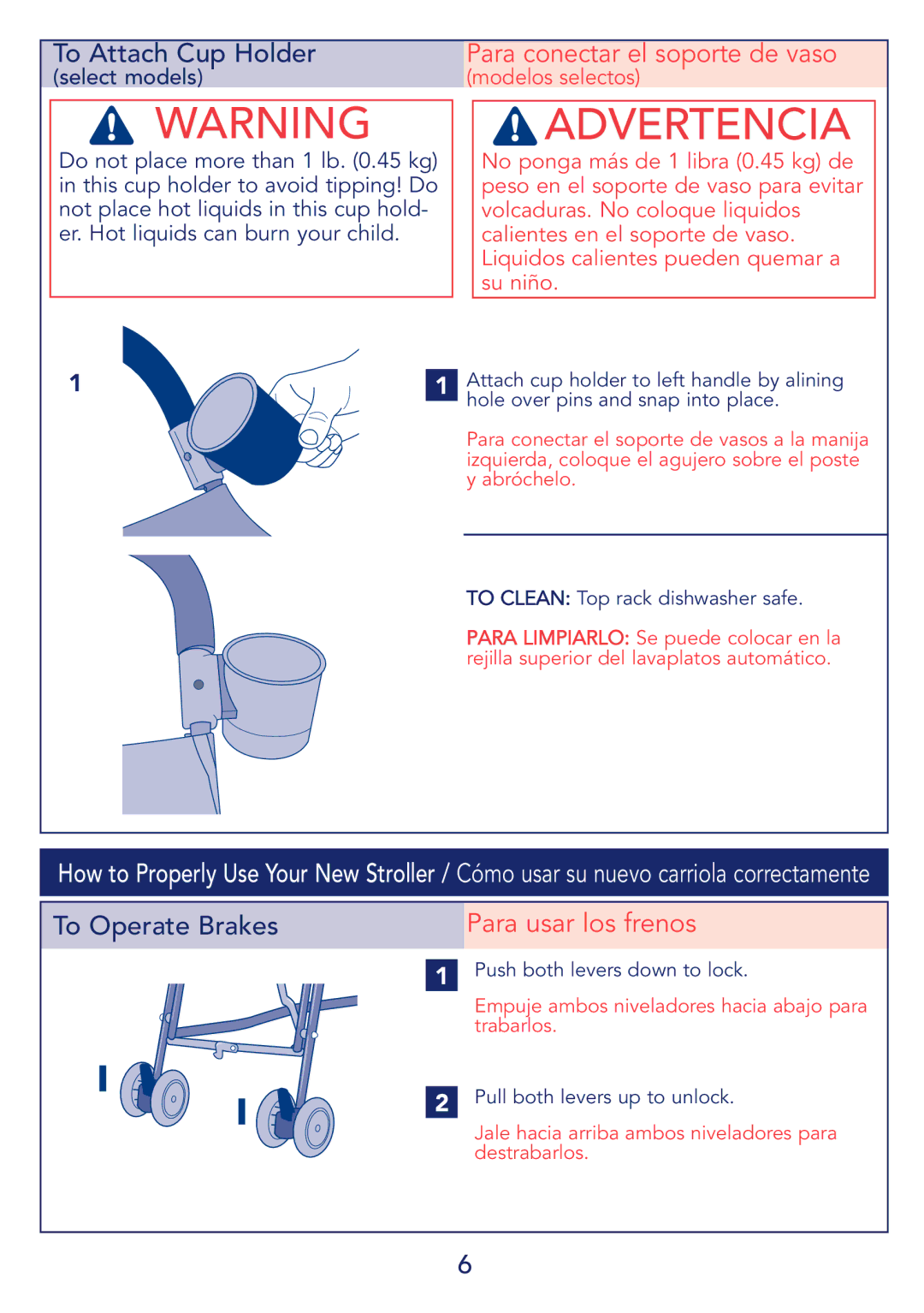 Kolcraft S59-R1 instruction sheet Para conectar el soporte de vaso, Para usar los frenos 