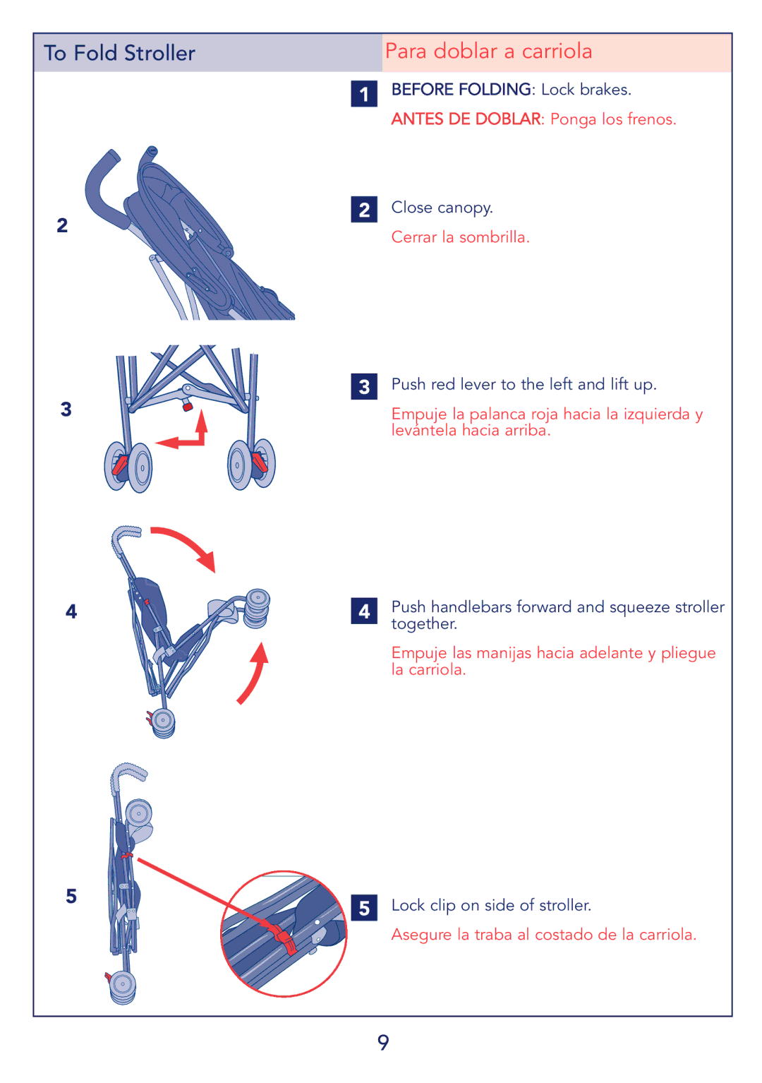 Kolcraft S59-R1 instruction sheet Para doblar a carriola, Before Folding Lock brakes 