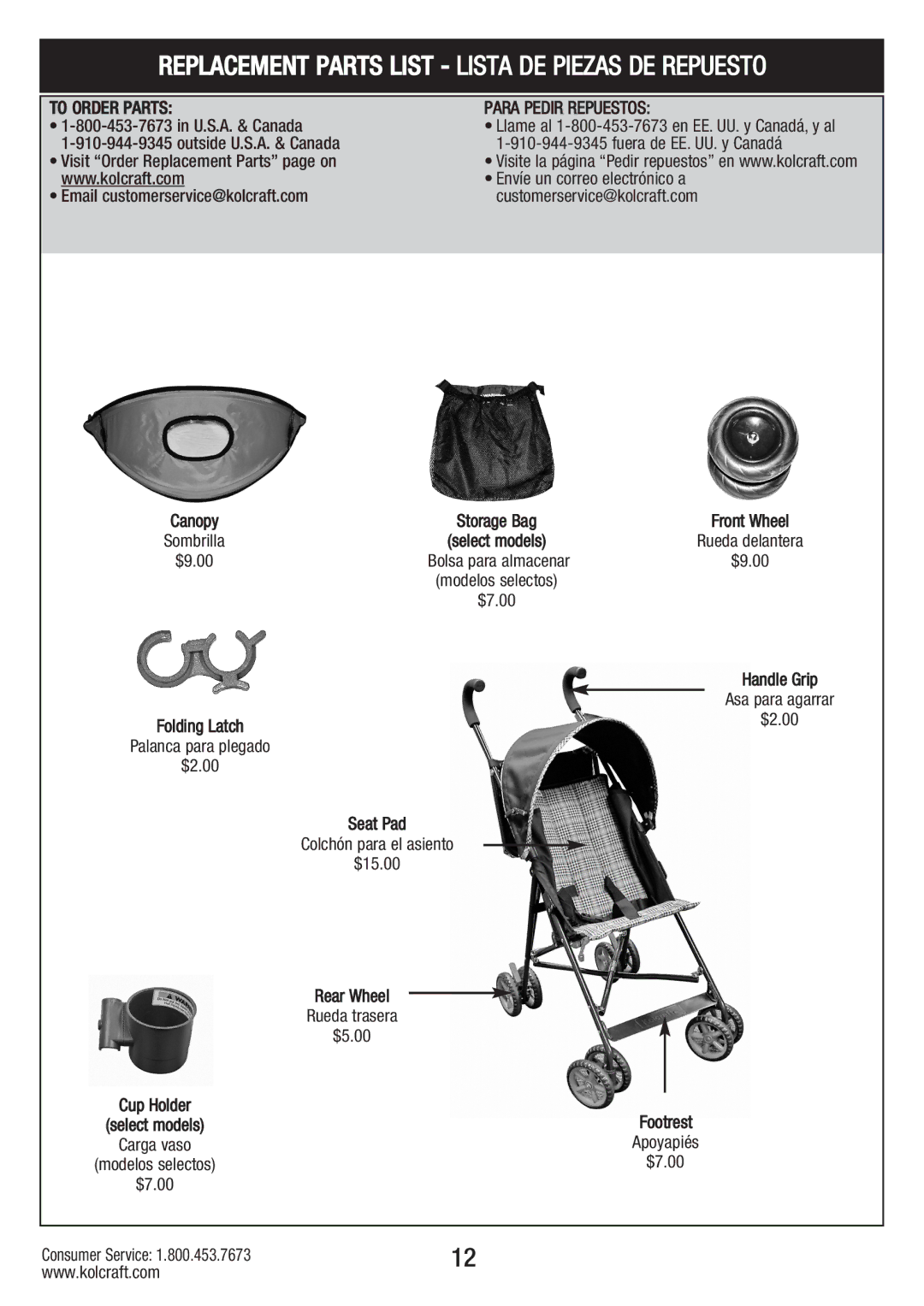 Kolcraft S59-R3 manual Replacement Parts List Lista DE Piezas DE Repuesto 