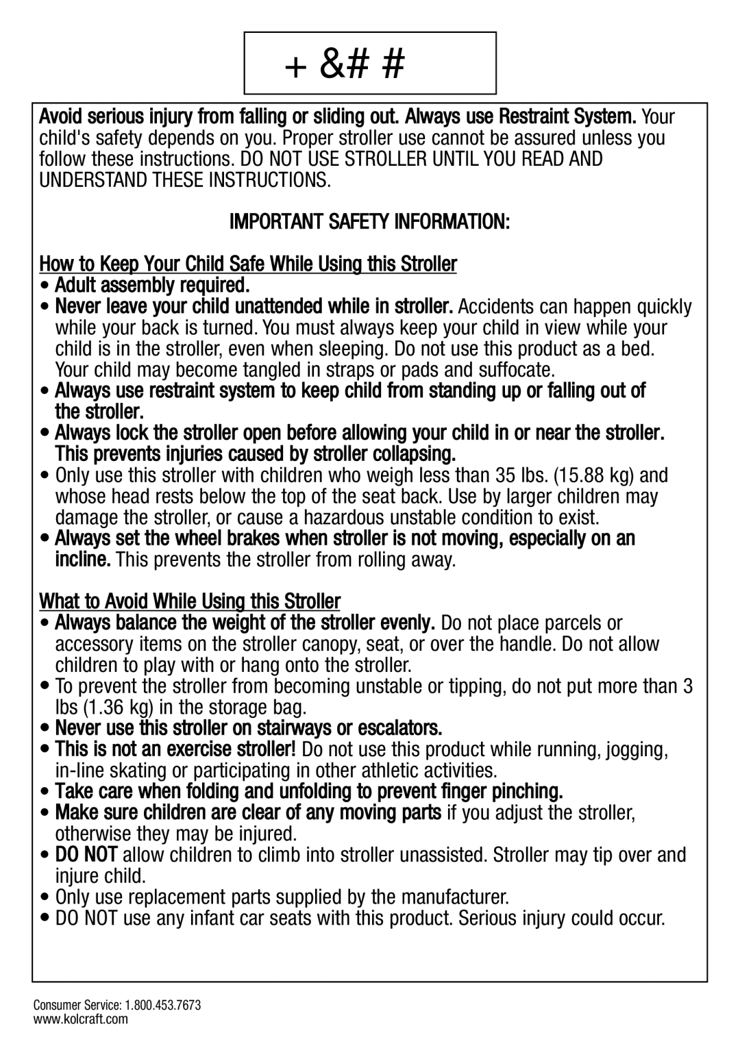 Kolcraft S59-R3 manual Important Safety Information 