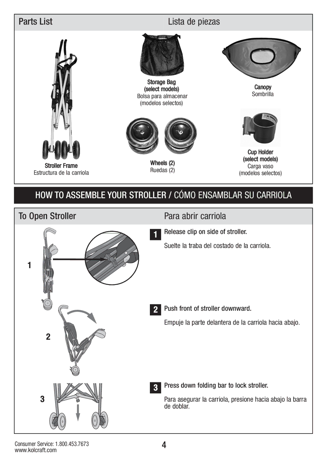 Kolcraft S59-R3 manual Parts List Lista de piezas, To Open Stroller Para abrir carriola 