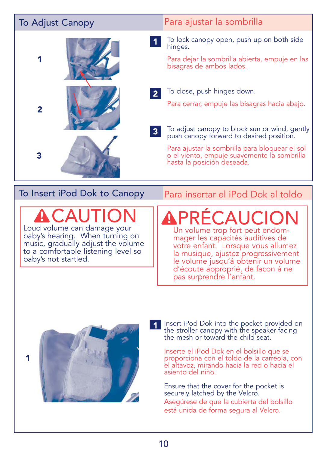 Kolcraft S64-R2 instruction sheet Para ajustar la sombrilla, Para insertar el iPod Dok al toldo 