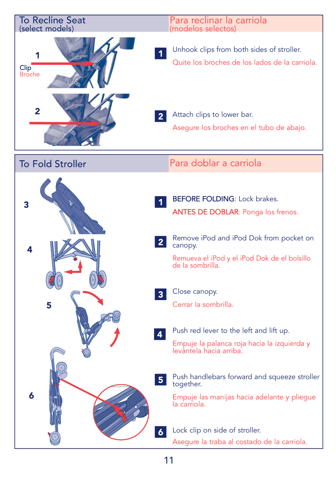 Kolcraft S64-R2 instruction sheet Para reclinar la carriola, Para doblar a carriola 