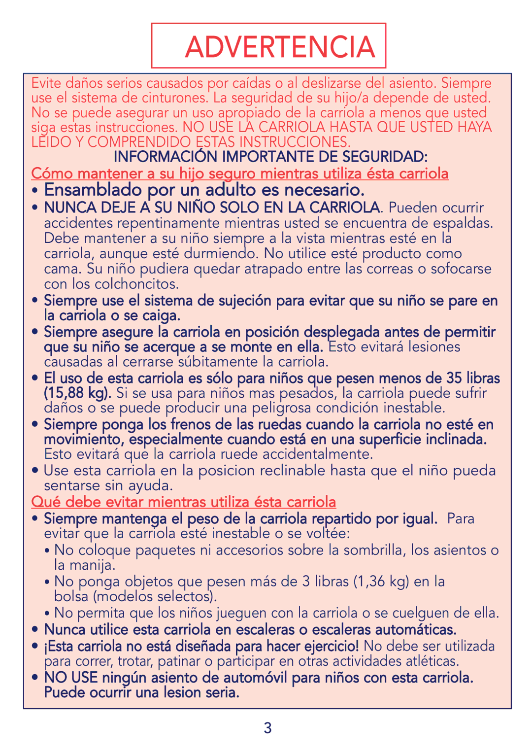 Kolcraft S64-R2 instruction sheet Advertencia 